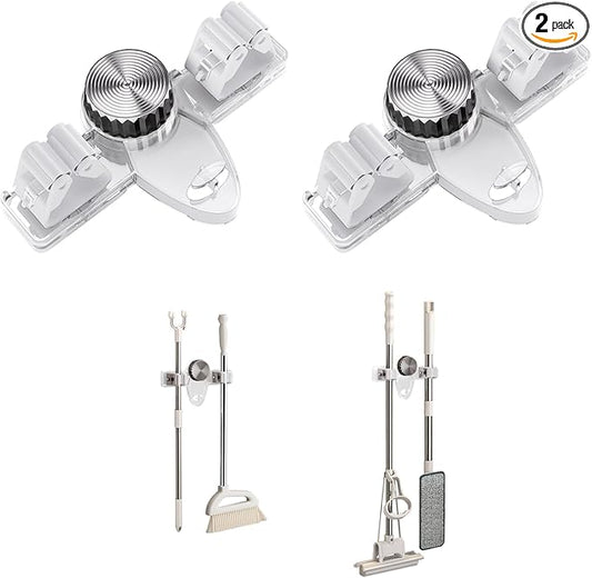 Mop and Broom Holder Wall Mount, No Punching Required Broom and Mop Organizer Wall Hanging with Hooks for Bathroom, Laundry Room, Garage, Kitchen,Garden Tool Organizer Storage (2pcs Transparent)