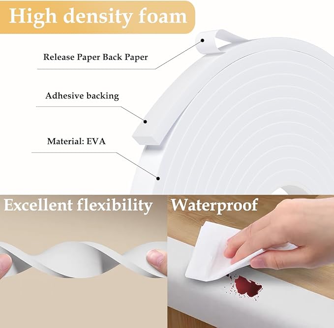 Weather Stripping Door Seal White,1/2Inch Wide X 1/4 Inch Thick,Air Conditioner Window Seal,Self Adhesive Foam Tape High Density Foam Sealing Strip,Soundproof Foam Tape Roll,Total 16.4 Feet Long