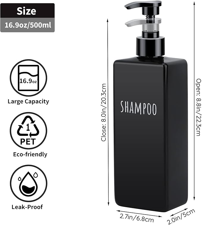 Segbeauty Plastic Square Soap Dispenser Black, 3pcs 16.9oz Refillable Shampoo and Conditioner Bottles, 500ml Empty Reusable Pump Bottle Bathroom Shower Dispenser Set for Body Wash Liquid Gel Lotion