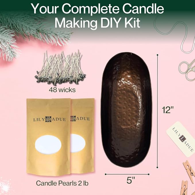 LILY LADUE Candle Refill Kit - 2Lb/32Oz Pearled Candles Sand and Wicks (48) and Hammered Bronze Holder, Reusable Unique Sand Candles with Wicks for Candle Making, Bulk Unscented Pearl Wax Beads