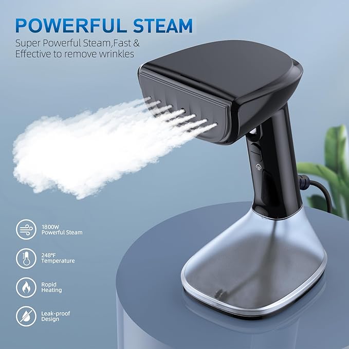 Steamer for Clothes -1800W with Wet/Dry Ironing Modes, 20-Second Heat-up, Detachable Water Tank, Heat-Resistant Gloves for Wrinkle Removal. Suitable for 120V Countries. Color: Black