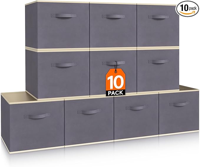 Lifewit Set of 10 Fabric Storage Cubes, Foldable Storage Box, Storage Box with Handles, Basket and Storage Boxes for Clothes, Toys, 33 x 33 x 33 cm, Grey