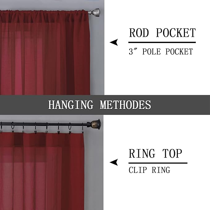 Tollpiz Short Sheer Tier Curtains Linen Textured Half Kitchen Curtain Sheers Light Filtering Rod Pocket Voile Small Curtain for Bathroom, 25 x 24 inches Long, Burgundy Red, Set of 2 Panels