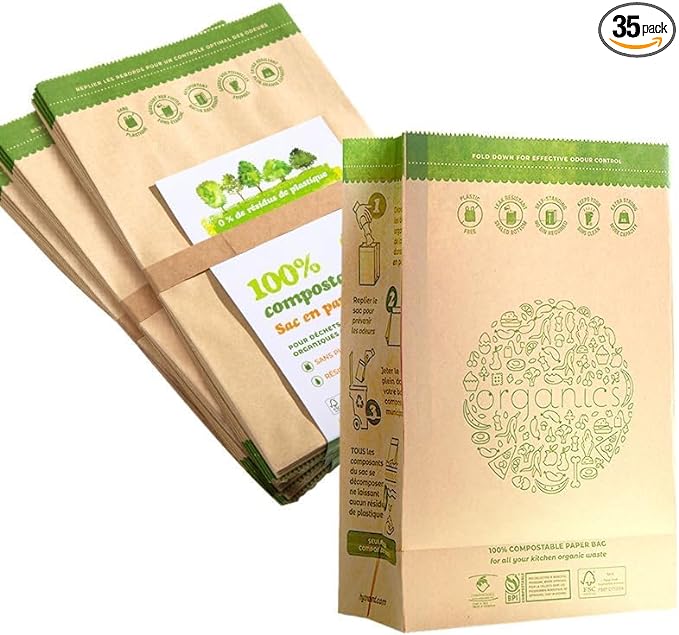 Hytrend-Kitchen Food Waste Bag-35 Bags-%100 Compostable paper Bag - Leak Resistant Liner - Plastic Free - Small-Certified by BNQ and BPI