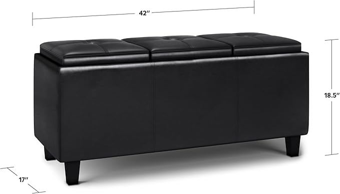 SIMPLIHOME Avalon 42 inch Wide Contemporary Rectangle Tray Storage Ottoman with Lift Up Lids in Midnight Black Vegan Faux Leather, Assembled, for the Living Room, Entryway and Family Room