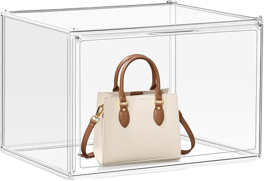 1Pack Clear Stackable Plastic Storage Bins with Magnetic Lid, X-Large Acrylic Display Cases for Book Cosmetic Figures Collectibles Showcase, Shoe Box, Bag Organizer