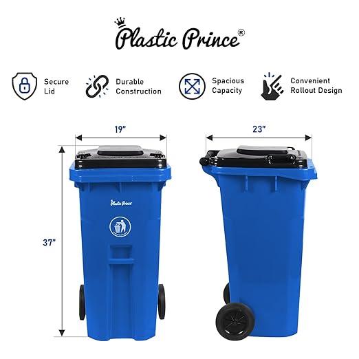 32 Gallon Trash Can Outdoor Recycling Bin with Lid and Wheels Heavy Duty Rolling Garbage Can with Lid Blue Recycle Bin with Wheels for Warehouses Hospitals Restaurants, Pack of 2