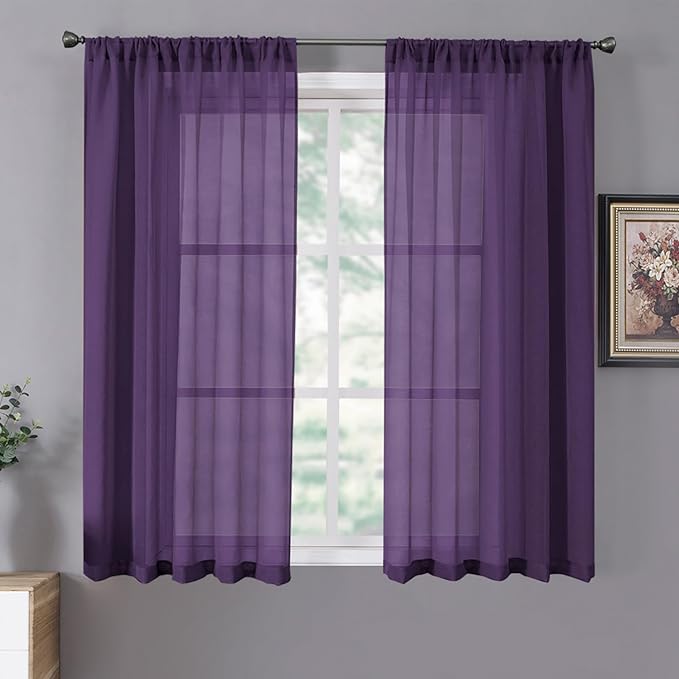 Tollpiz Short Sheer Curtains Living Room Linen Textured Curtain Sheers Light Filtering Voile Rod Pocket Curtains for Bedroom, 38 x 45 inches Long, Royal Purple, Set of 2 Panels