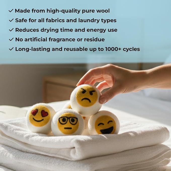 Ezhippie Quality Wool Dryer Balls - 6 XL Emoji Pack - 1000+ Loads - Pure Organic Wool - Reusable Natural Fabric Softener Perfect with Essential Oils, Reduce Clothing Static and Wrinkles
