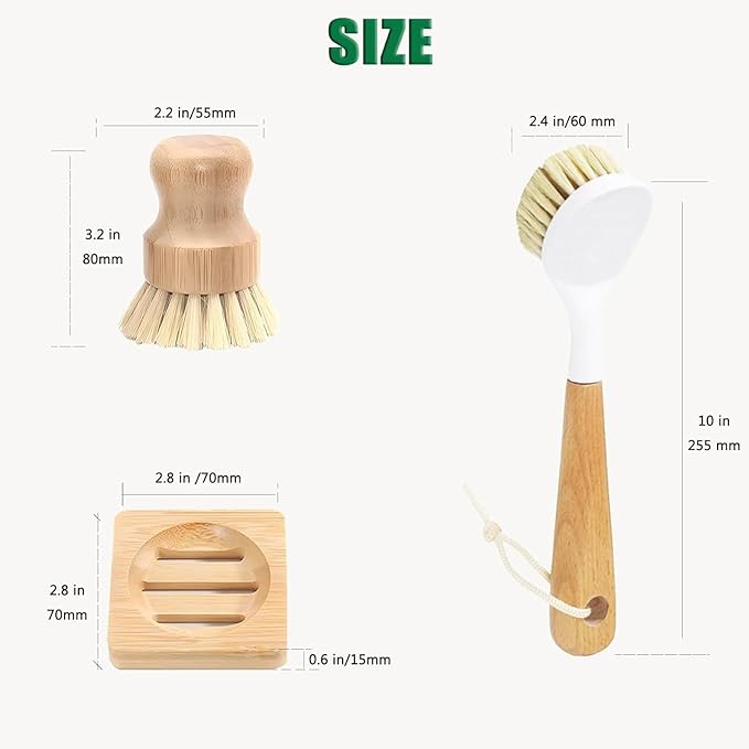 Bamboo Palm Dish Brush Set, Natural Bristle Dish Brush with Holder, Eco Friendly Soft Scrub Kitchen Brush for Dishes and Vegetables