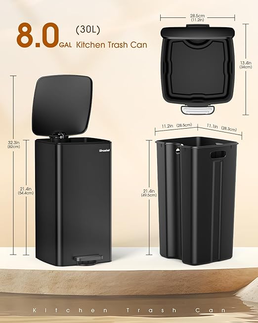 Lovewind Kitchen Trash Can with Lid, 8 Gallon/30 L Footstep Garbage Can for Kitchen Bedroom Home Office, 30 Liter Trash Bin Brushed Stainless Steel Waste Bin with Soft-Close Lid,Black