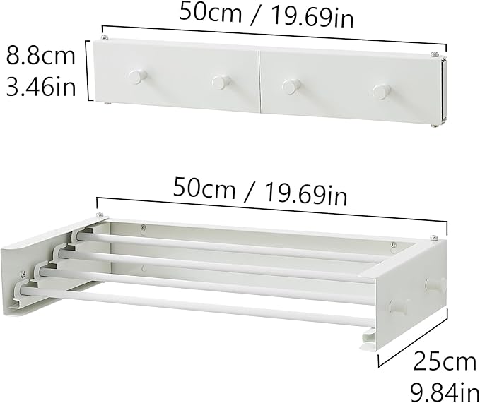 Clothes Drying Rack, Laundry Hanger Dryer Rack, Wall Mounted Drying Rack for Laundry, Foldable Drying Rack Indoor Outdoor,19.7" Wide,4 Aluminum Rods with Hooks, 40 lb Capacity (White 19.7" Hooks)