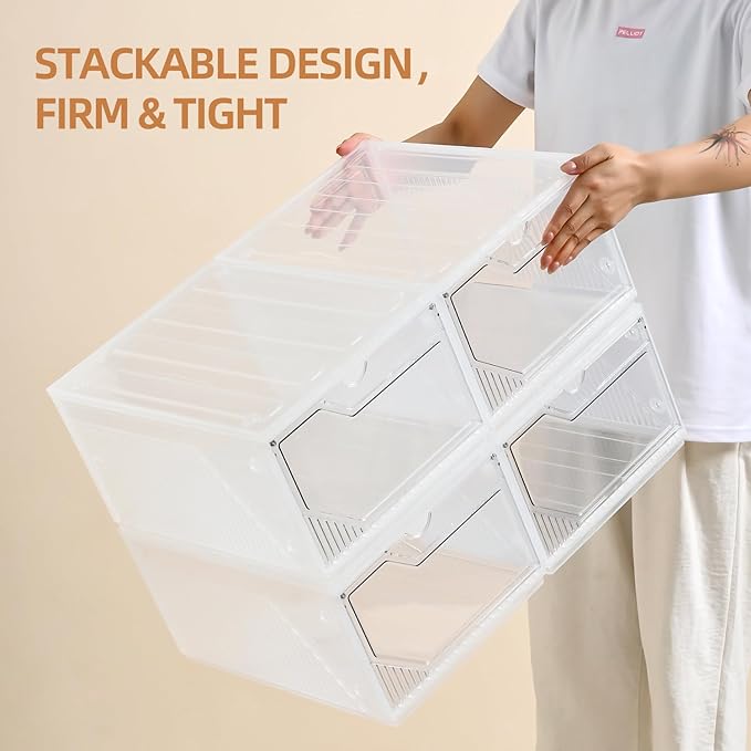 Modular XX-Large Shoe Organizer,Shoe Storage Organizer,10 Pack Shoe Box Clear Plastic Stackable,Drop Front Shoe Box with magnetic Door, Containers For Sneaker,Fit up to US Size 15