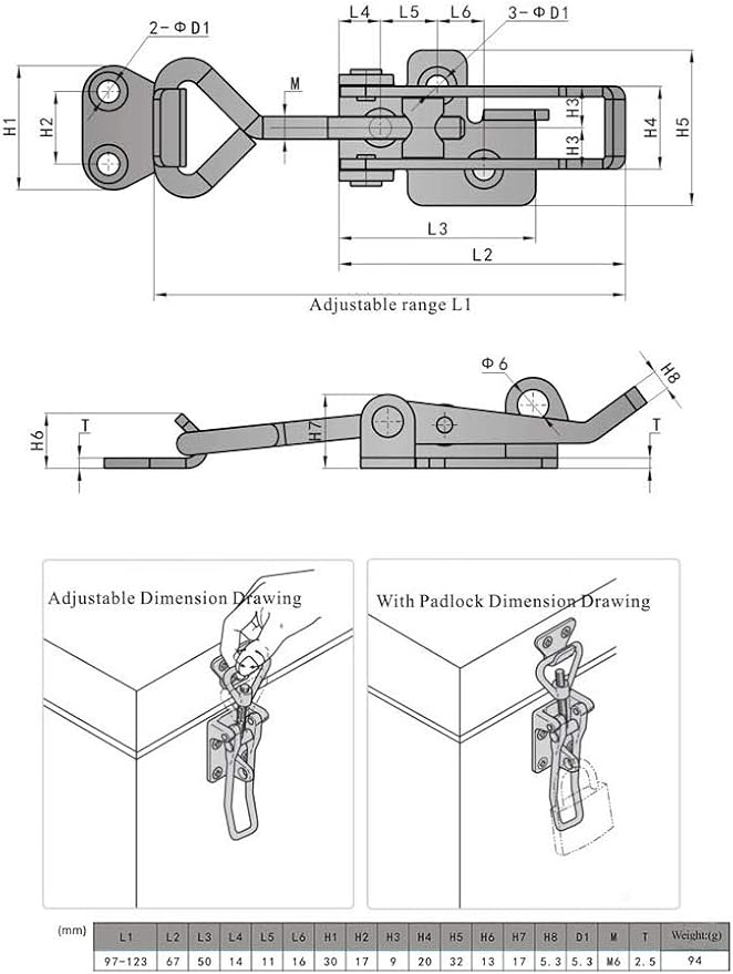 Adjustable Latch Buckle Cabinet Boxes Lever Handle Toggle Catch Latch Lock,Silver,Adjustable Range:97-123mm,2 Pcs