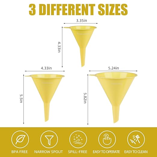 Plastic Kitchen Funnel Set of 3, Round Kitchen Funnels for Filling Bottles, Durable and Multifunctional Funnels for Filling Canning, Cooking, Lab or Car Oil (Milk Yellow)