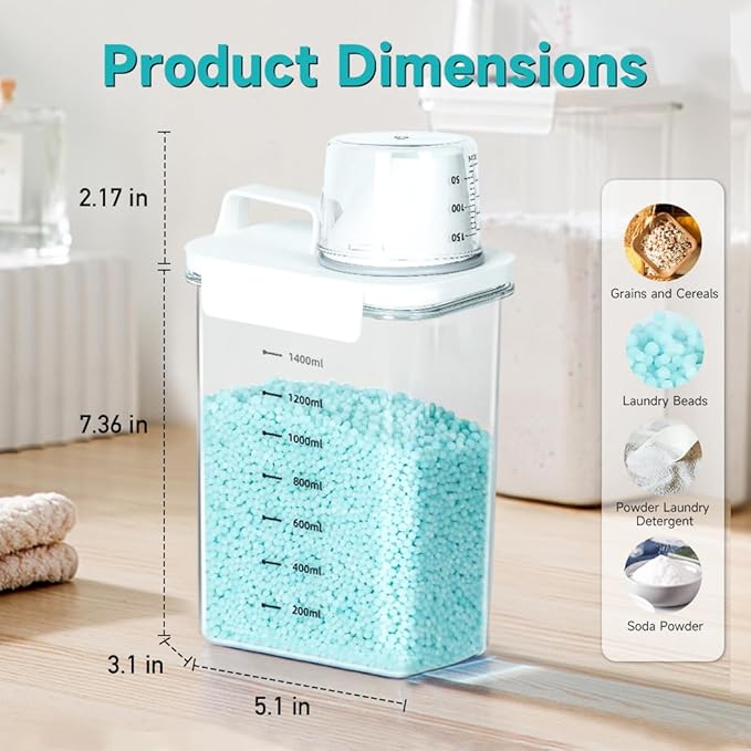 Tokokimo 2 Packs Laundry Powder Container, Laundry Detergent Dispenser with Lids, Laundry Scent Booster Beads Dispenser for Washing Powder, Soda Powder, Grain
