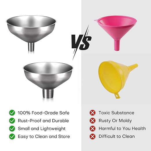 Stainless Steel Metal Funnel Set of 2, Kitchen Filling Funnel (0.5-inch Narrow Mouth) and (1-inch Wide Mouth), Practical Tools for Transferring Spices, Oils, Food and Beer
