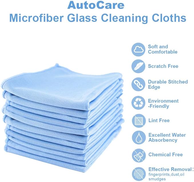 Auto Care Microfiber Glass Cleaning Cloths Towels for Windows Mirrors Windshield Computer Screen TV Tablets Dishes Camera Lenses Chemical Free Lint Free Scratch Free (12"x12", Blue, 8 Pack)