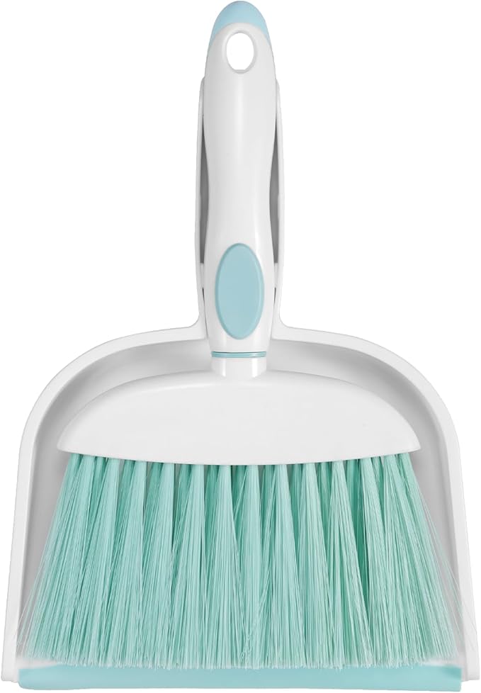 NACENA Small Dust Pan and Brush Set, Mini Broom and Dustpan Set Small Hand Broom and Brush Combo Dust Pan with Teeth for Home Cleaning Drawers Desktop Sofas Pet Care and Outdoor, Blue