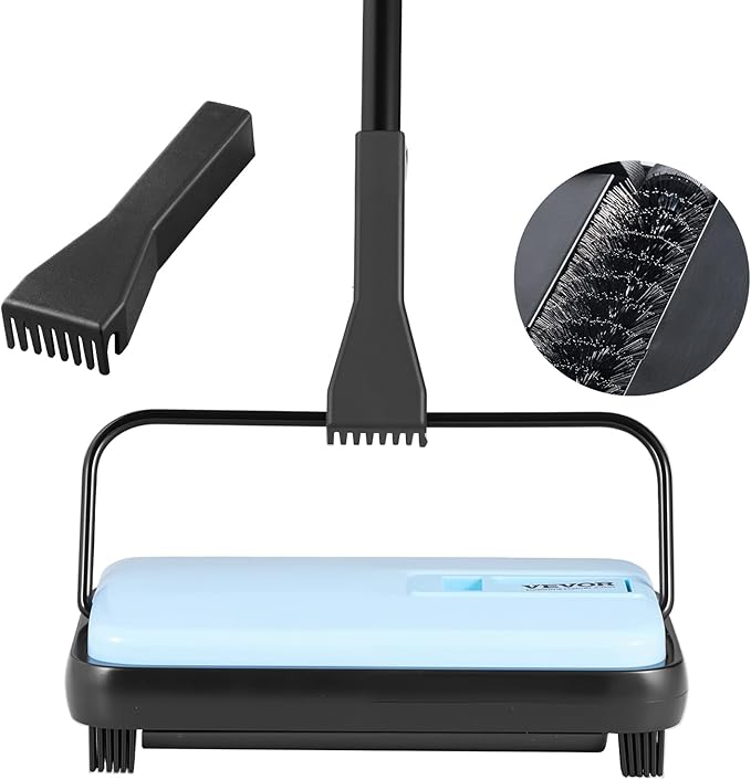 VEVOR Carpet Sweeper Manual, Floor Sweeper with 300 ml Dustbin Capacity Easy to Empty, 6.7 inch Cleaning Width for Home Office Carpets Pet Hair Dust, Blue