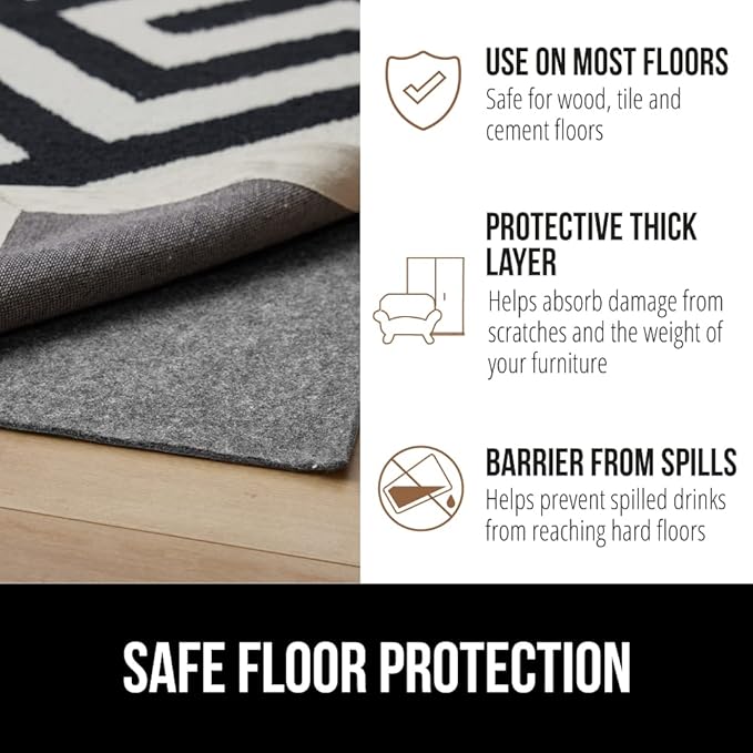 GORILLA GRIP Felt and Natural Rubber Stay in Place Slip Resistant Rug Pad, 1/4in Thick, 5x8 FT Protective Padding Under Area Rugs, Cushioned Gripper Pads, Carpet Runners, Hardwood Floors Protection