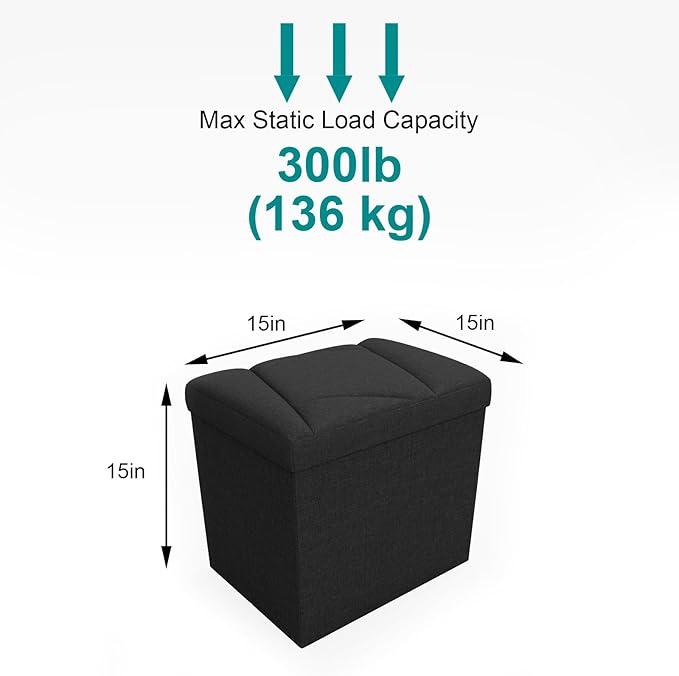 Folding Storage Ottoman Bench, 15 Inches End of Bed Bench,Folding Ottoman Storage for Bedroom, Entryway and Living Room, 15"x15"x15",Black