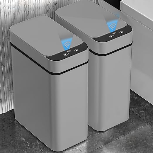 Yatmung 2 Pack - 2.5 Gallon Motion Sensor Bathroom Trash Can - Slim Smart Trash Cans - Skinny Trash Bin with Lid - Electric, Narrow, Plastic, Auto Open - Small Automatic Garbage Can (Grey)
