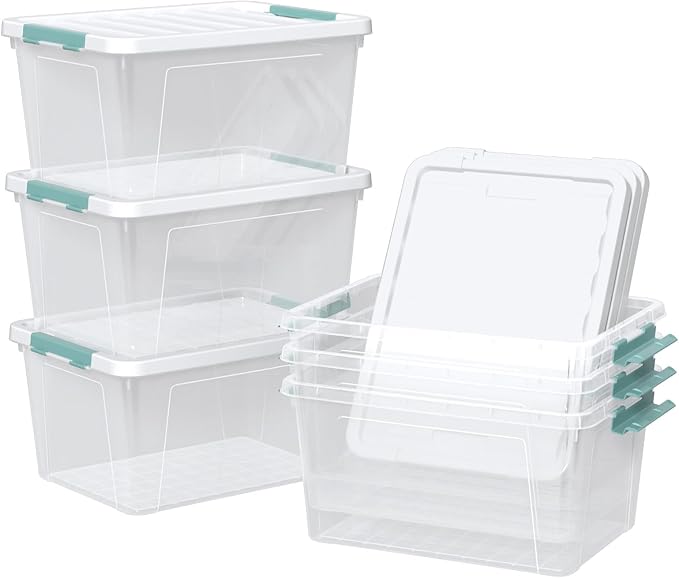 Zopnny 6-Pack 35 Quart Plastic Latch Storage Box with Lid, Stackable Latching Storage Bin, Clear