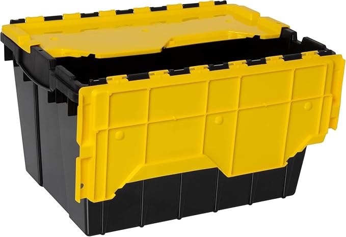 Akro-Mils KeepBox 12 Gallon Storage Container, Nesting and Stackable Plastic Storage Box with Lid Attached, Clear Tote for Garages, Closets, and Moving, 21-1/2" x 15" x 12-1/2", Black/Yellow