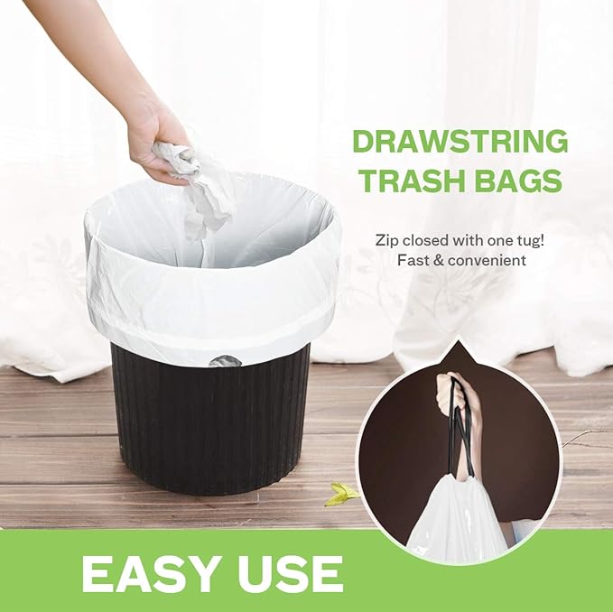 Teivio 3 Gallon 140 Counts Mini Strong Drawstring Trash Bags Garbage Bags, fit 10-12 Liter Small Trash Can,Tiny Waste Basket Liners for Home Office Bathroom Bedroom Car, White