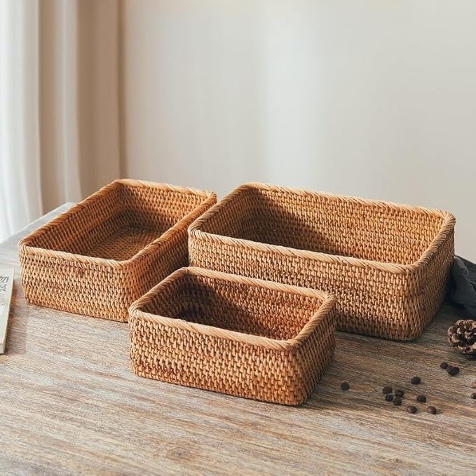 Rattan Storage Baskets, Wicker Baskets for Organizing, Hand Woven Fruit Basket, Decorative Baskets for Kitchen Counter, Living Room, Bathroom, Set of 3