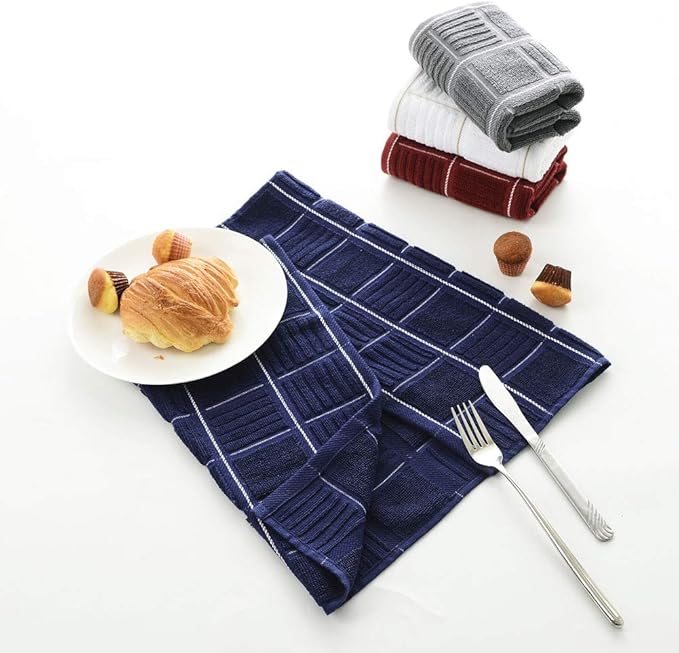 Anyi 100% Cotton Kitchen Towels, Absorbent Dish Towels with Hanging Loop, Soft Kitchen Hand Towels for Washing Drying Dishes(16x26, Set of 3, Navy)