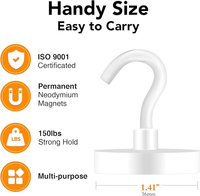 MIKEDE Magnetic Hooks Heavy Duty, 150LB Super Strong Magnetic Hooks for Cruise, Neodymium Earth Magnets with Hook for Hanging, Magnetic Metal Hanger for Fridge, Toolbox, Storage, (White, 4 Pack)