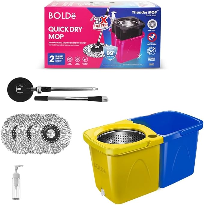 Thunder Mop Spin System - 2 Compact Stackable 6L Buckets, Microfiber Head, Stainless Steel Wringer, Antifungal Quick-Dry Cleaning, Soap Dispenser, 3 Free Refills (Yellow/Blue)