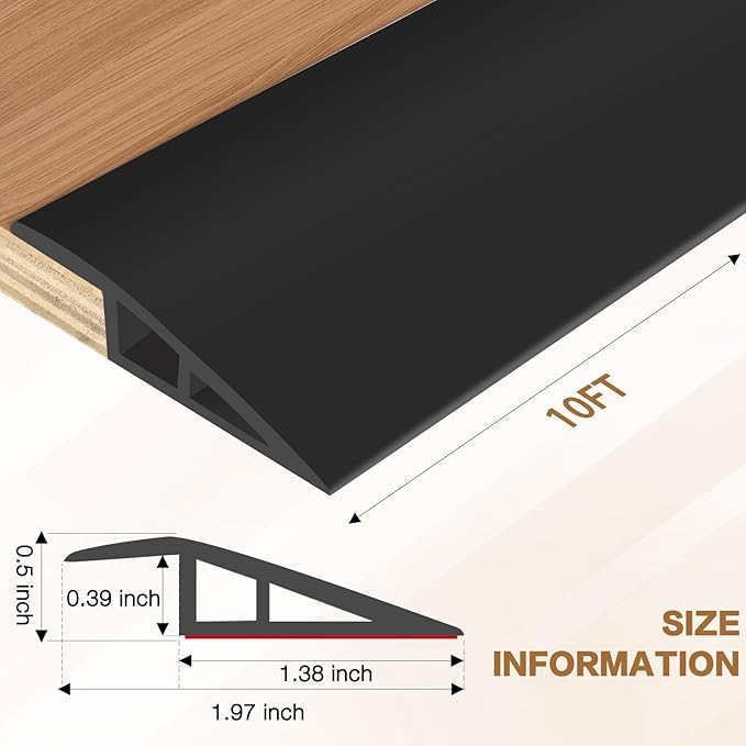 Floor Transition Strip Vinyl Door Threshold Ramp Self Adhesive Carpet Edging Strip Doorway Edge Trim, Overlap Edge Reducer for Laminate Carpet, Floor, Tile (Black, 1/5" to 2/5", 10Ft)