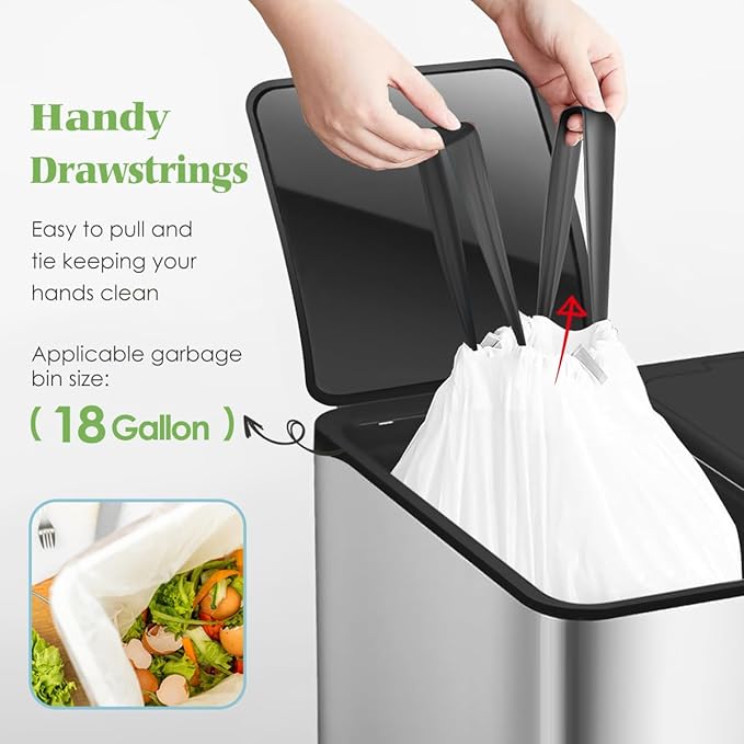 Drawstring Trash Bags-18 Gallon 120 Counts (fit 16-18 Gal) Large Strong Tall Kitchen Trash Bags by Teivio Garbage Bags for Home/Office/Light Residential Waste/Outdoor Trash Can, Lawn Bag White