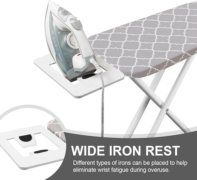Ironing Board,Foldable Ironing Board Adjustable Height Compact Iron Board Thick Steel Tube Iron Board with Holder,Replacing Cloth Cover and Mini Handheld Gloves (Grey Texture)