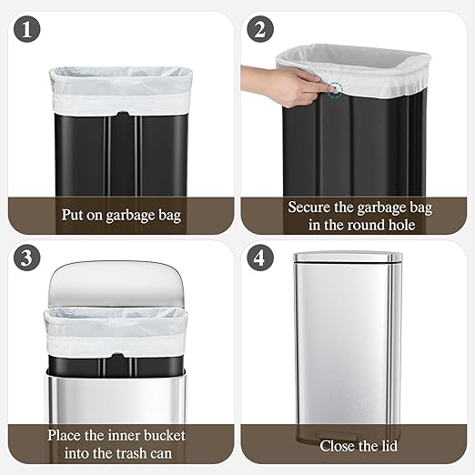 AthLike Trash Can, Stainless Steel Kitchen Garbage Can, Step Waste Bin with Hinged Lid and Removable Inner Bucket, Soft-Close, Dustbin for Bathroom Bedroom Living Room Home (Silver, 8 Gal)