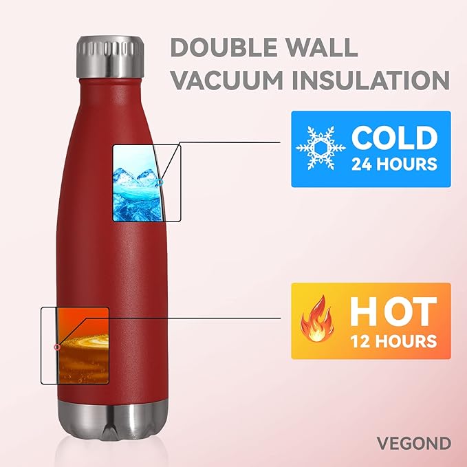VEGOND 17oz Stainless Steel Water Bottles Bulk, Reusable Metal Sports Water Bottle Keeps Drink Hot and Cold, BPA Free Double Wall Vacuum Cola Shape Insulated Water Bottles for Camping Gym, 8 Pack
