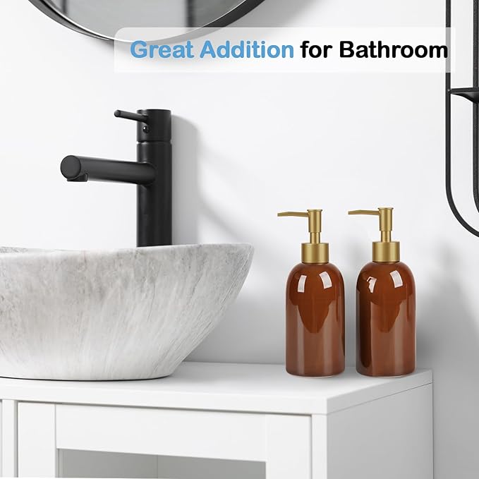 Natheeph 14OZ Ceramic Soap Dispenser Ceramic Soap Pump Dispenser Can Fill Liquid for Bathroom/Kitchen (2PC Brown)