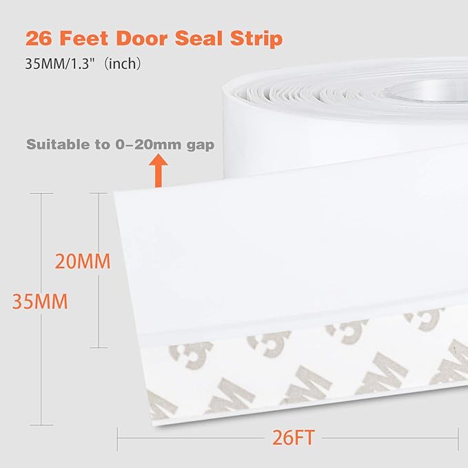 26 Feet Silicone Seal Strip, Weather Stripping Seal Tape for Door, Window & Shower Glass Gaps (White, 35MM)