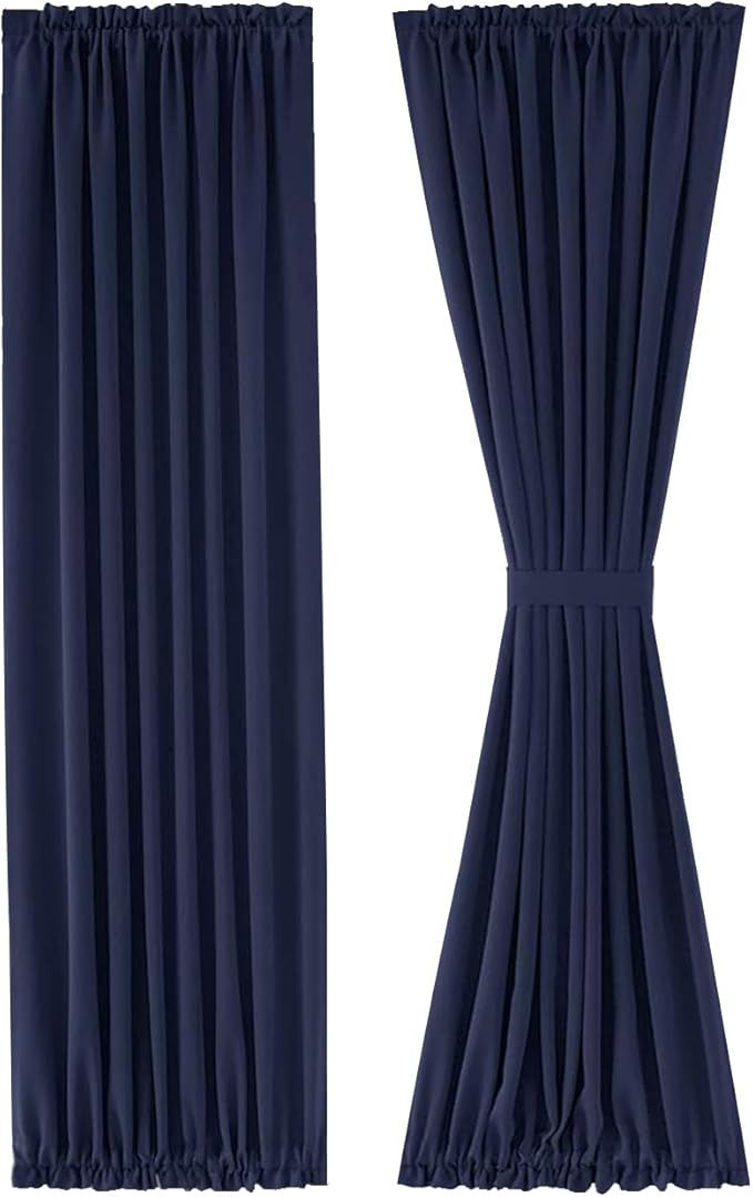 DWCN French Door Curtains – Rod Pocket Thermal Blackout Curtain for Doors with Glass Window, Kitchen and Patio Doors for Privacy, 23 X 72 Inches Long, 1 Curtain Panel with Tieback, Navy Blue