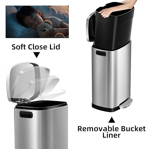 13 Gallon Trash Can with Lid, 50L Fingerprint Proof Stainless Steel Kitchen Trash Can with Removable Inner Bucket and Lid Soft Close, Pedal Rubbish Bin for Home Office