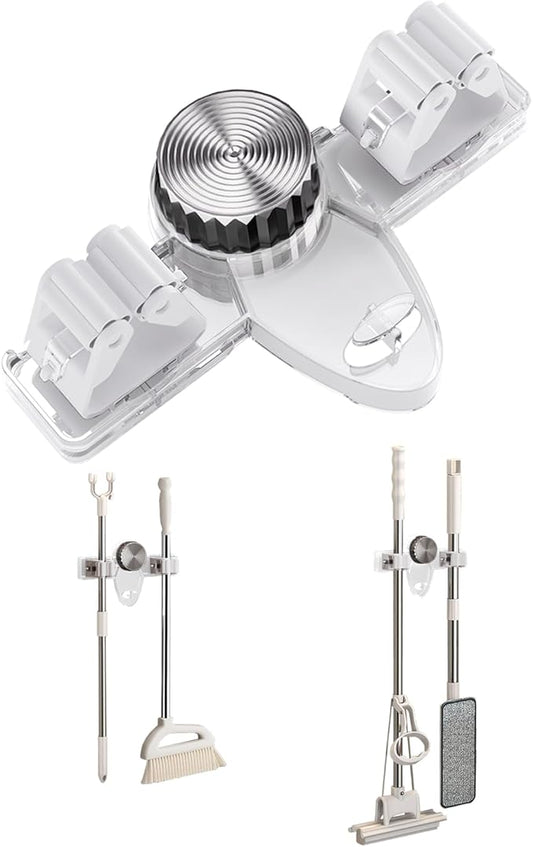 Mop and Broom Holder Wall Mount, No Punching Required Broom and Mop Organizer Wall Hanging with Hooks for Bathroom, Laundry Room, Garage, Kitchen,Garden Tool Organizer Storage (1pcs Transparent)