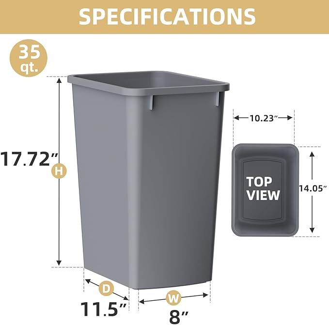 35 Quart Plastic Trash Can, Under Canbinet Waste Bin, 9-Gallons Slim Trash Can for Kitchen Bedroom Office Bathroom Under Sink Grey (2-Pack)
