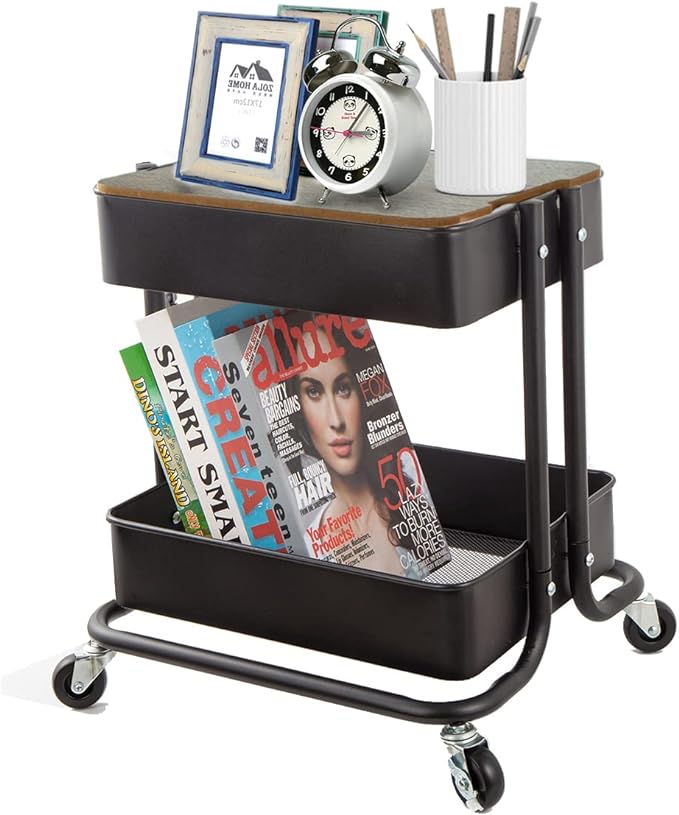 Melody House 2-Tier Metal Utility Rolling Cart Storage Organizer with Cover Board Mobile Trolley Sofa Side Table with Wheels for Office Home Kitchen Organization Black
