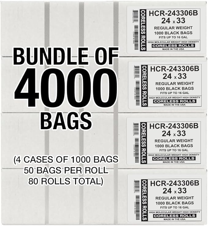Aluf Plastics High Density Trash Bags, 16 Gallon, 4000 Count, 6 Micron (eq), 24" x 33", Black, for Bathroom, Office, Industrial, Commercial, Janitorial, Municipal, Recycling
