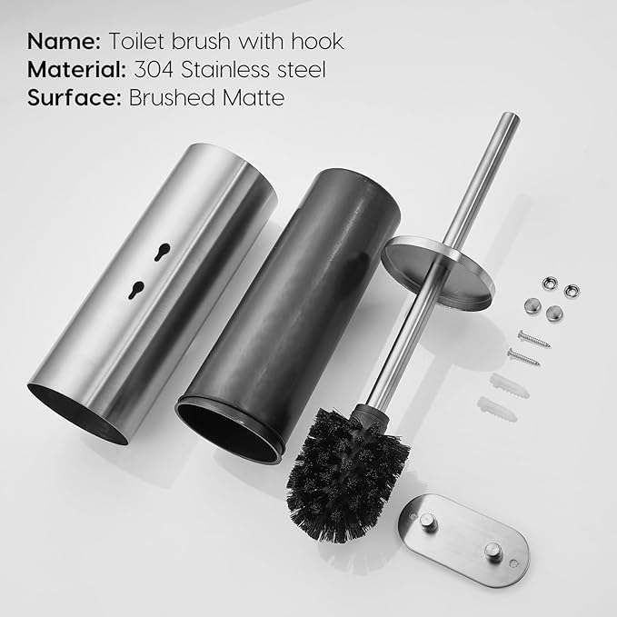 Brushed Stainless Steel Toilet Brush and Cover, No-Punch Hook Base Dual Purpose Toilet Brush Holder with Removable Inner Bucket and Splash Cover - Soft Bristles (Brushed)