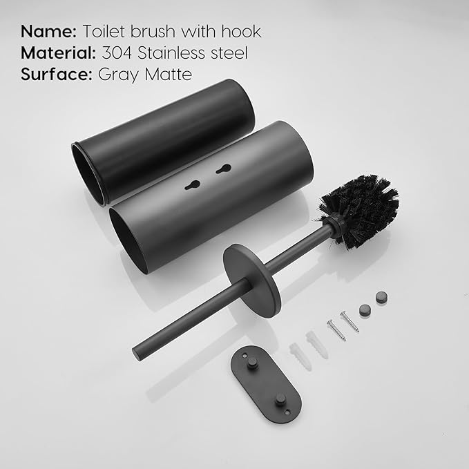 Stainless Steel Toilet Brush and Holder Set, No-Punch Hook Base Dual Purpose Toilet Brush Holder with Removable Inner Bucket and Splash Cover - Soft Bristles (Gray)