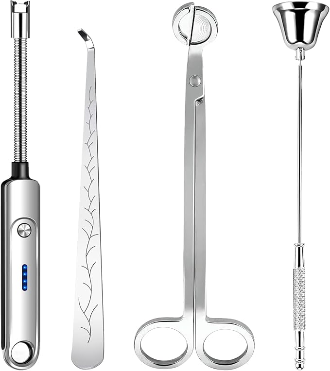 Lsnisni 4 in 1 Candle Accessory Set, Electric Lighter, Wick Cutter, Snuffer and Dipper, Steel Wick Trimmer Set - Silver